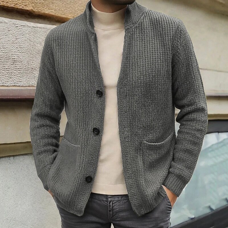 Men's Cardigan Sweater Cropped  Sweater Knit Sweater Ribbed Knit Regular Tops Button Up Pocket Plain Stand Collar Fashion Classic Vacation Daily Wear Clothing Apparel Fall Winter Black Navy Blue S M L2