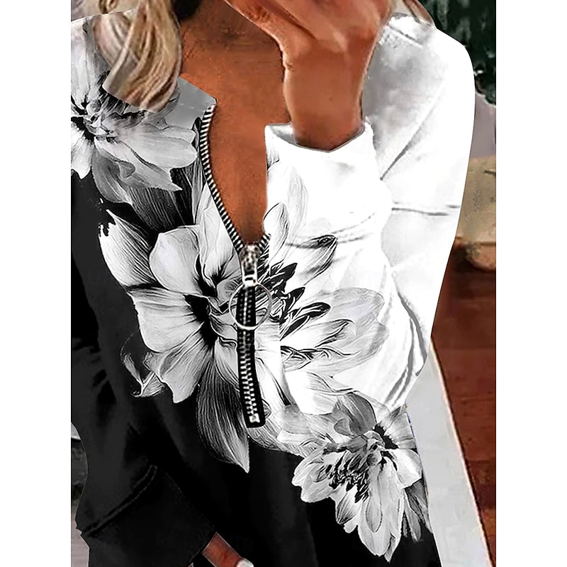 Women's Pullover Sweatshirt Zip Up Sweatshirts Floral Graphic Fashion Casual Long Sleeve Crew Neck Regular Tops Street Dailywear Zipper Print Black Fall Winter2