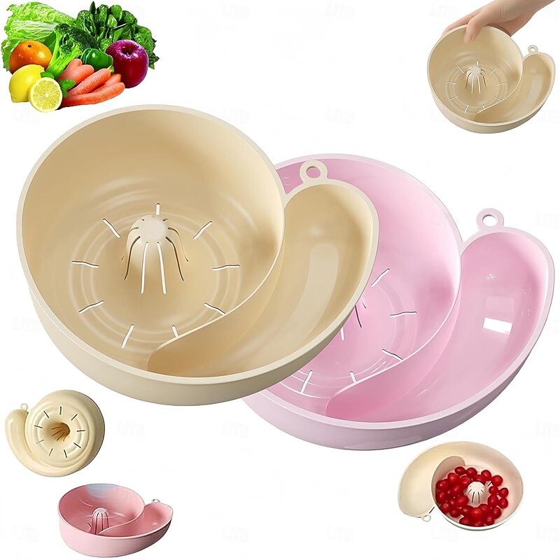 2pcs Snail Shaped Fruit Washer with Strainer Automatic Cleaning Basket with Efficient Draining System Heavy-Duty Plastic Kitchen Sink Organizer for Fruits, Vegetables, Pasta2