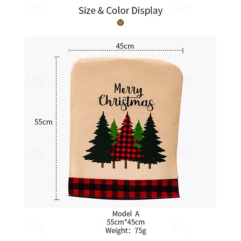 2Pcs Christmas Chair Covers, Red and Black Plaid Printed Chair Slipcovers with Merry Christmas and Christmas Tree Design, Holiday Dining Room Decor2