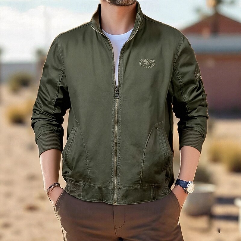 Men's Shirt Jacket Winter Jacket Plain Vacation Daily Wear Black Army Green Long Sleeve Stand Collar Fall Winter Clothing Apparel Zip Up