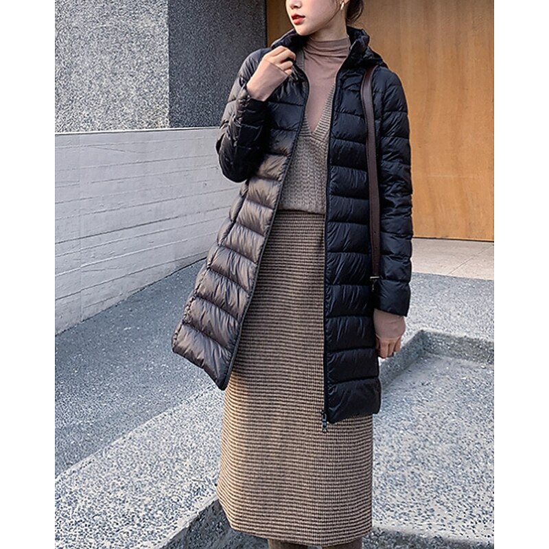 Women's Down Jacket Coat Warm Comfortable Zipper Pocket Fashion Plain Holiday Going out Weekend Zipper Long Hooded Regular Fit Long Sleeve Outerwear Black Pink Khaki Fall Winter