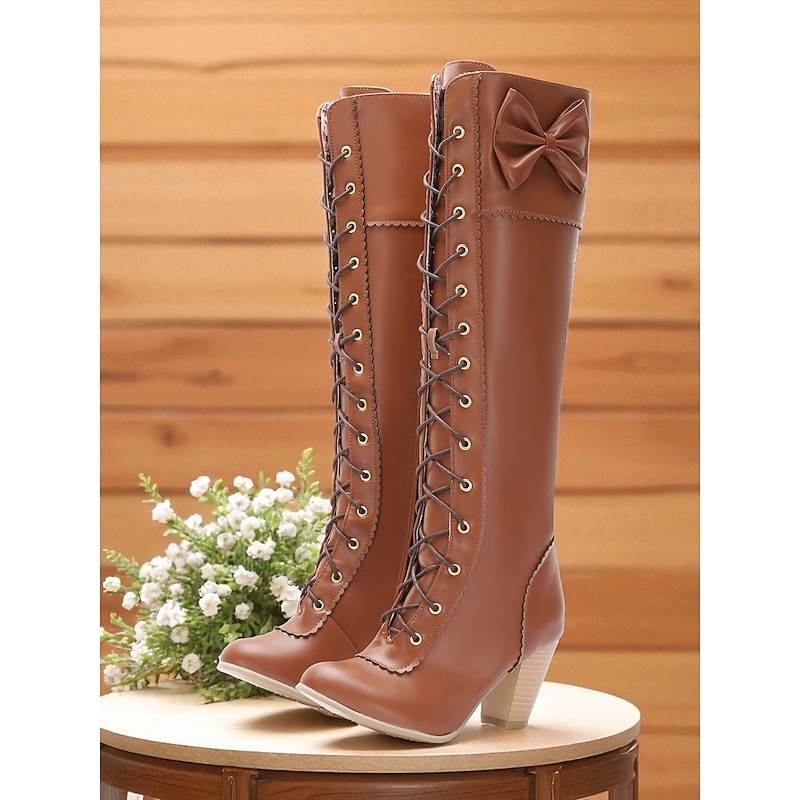 Women's Brown Lace-Up Knee High Boots with Bow Detail and Block Heel – 1950s Vintage Lolita Cosplay, Retro Fashion and Party Footwear2