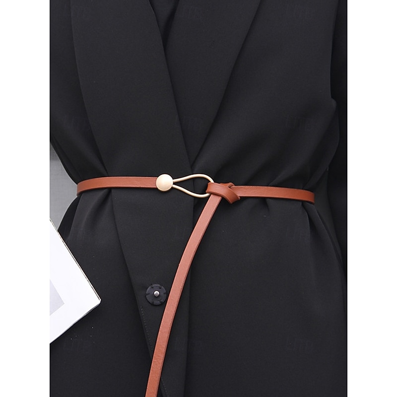 Women's Skinny PU Leather Wrap Belt – Adjustable Gold-Tone Ring & Ball Buckle Waist Cincher, Minimalist Style for Dresses, Blazers & Coats, Perfect for Work, Date Night & Party Outfit4