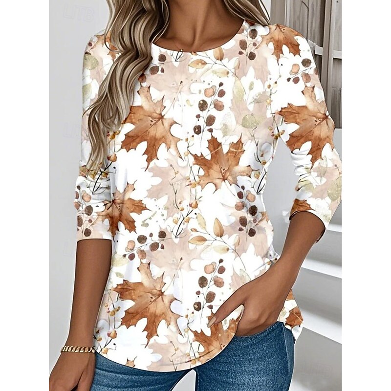 Women's T Shirt Floral Graphic Gradient Elegant Vintage Stylish Long Sleeve Crew Neck Regular Tops Daily Going out Weekend Print White Yellow Light Brown Purple Brown Spring, Fall, Winter, Summer