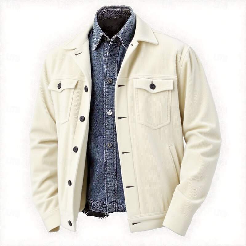 Men's Shirt Jacket Corduroy Jacket Casual Daily Breathable Pocket Classic Spring &  Fall Plain Classic Casual Lapel Regular Black White Khaki Army Green Jacket2