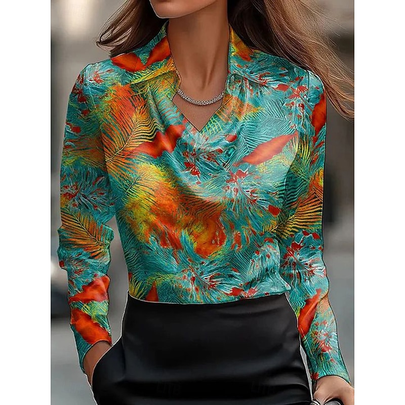 Women's Shirt Dressy Tops Formal Work Shirt Graphic Geometric Elegant Stylish Casual Long Sleeve Cowl Neck V Neck Regular Tops Party Evening Wear Daily Ruched Draped Yellow Brown Green Spring Fall2