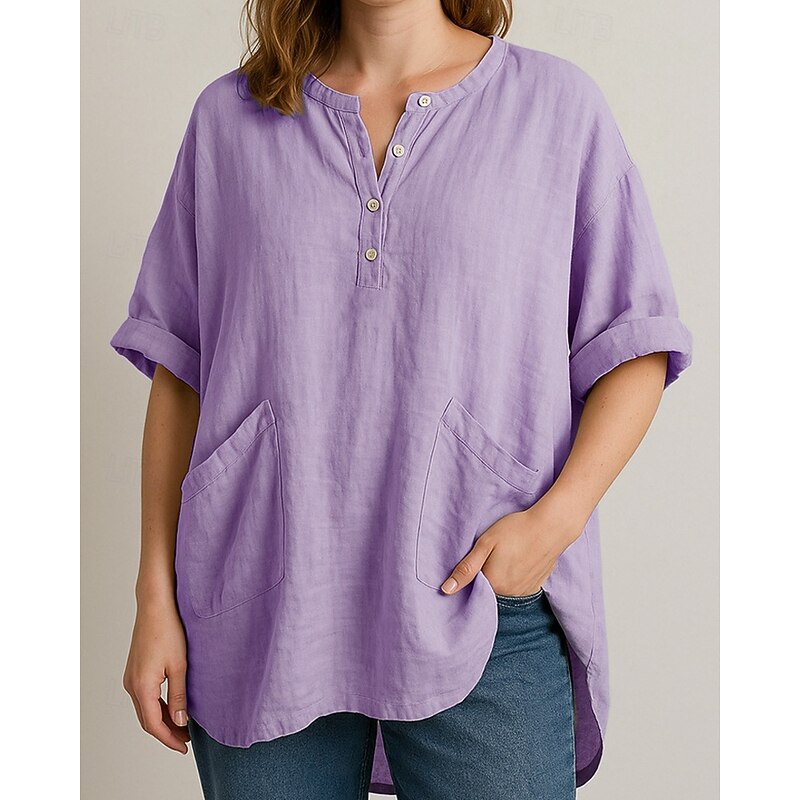Women's Shirt Blouse Plain Modern Casual 3/4 Length Sleeve V Neck Regular Tops Daily Going out Pocket Asymmetric Hem Yellow Sky Blue Purple Khaki Fall3