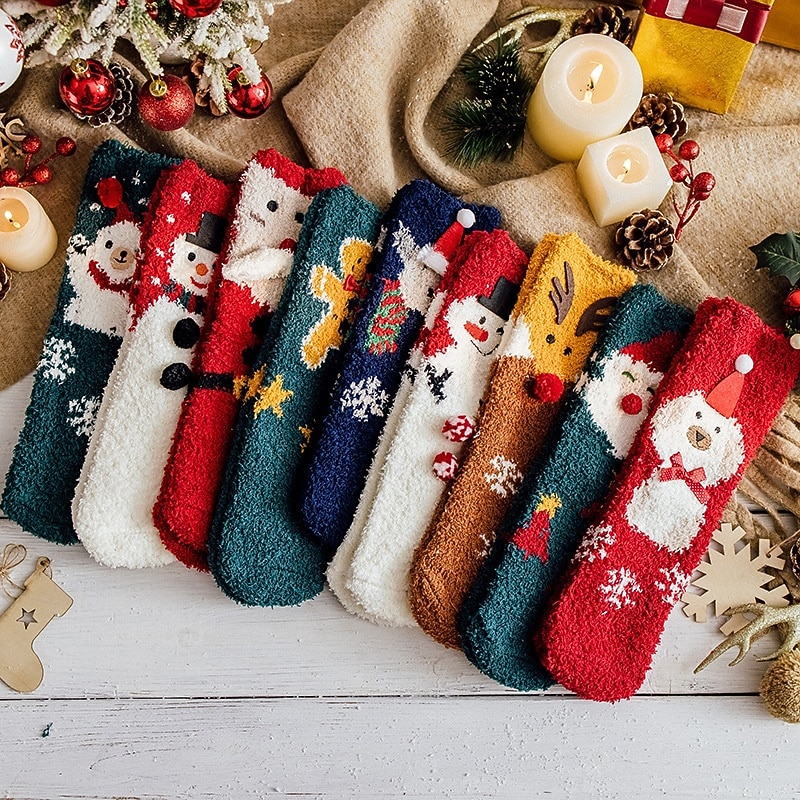 Christmas Socks for Women, Cozy Coral Fleece Warm Slipper Socks, Thick Plush Fuzzy Winter Sleep Socks, Couple & Family Matching Gift, Indoor Non-Slip Floor Socks