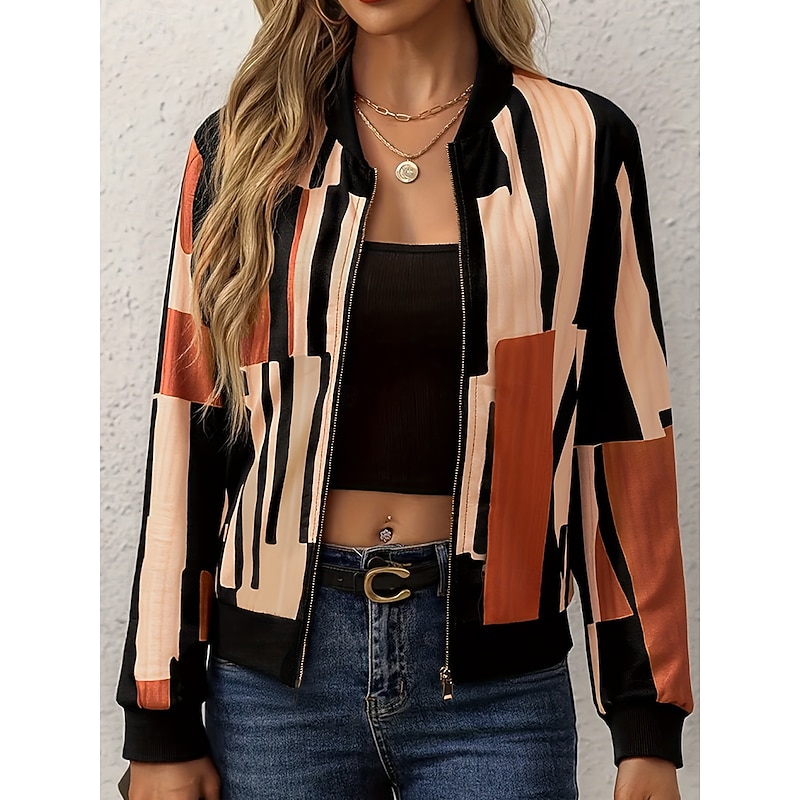 Women's Casual Jacket Warm Quick Dry Zipper Pocket Color Block Fashion Daily Abstract Vacation Casual Daily Regular Baseball Collar Regular Fit Long Sleeve Outerwear Blue Purple Brown Spring Fall2