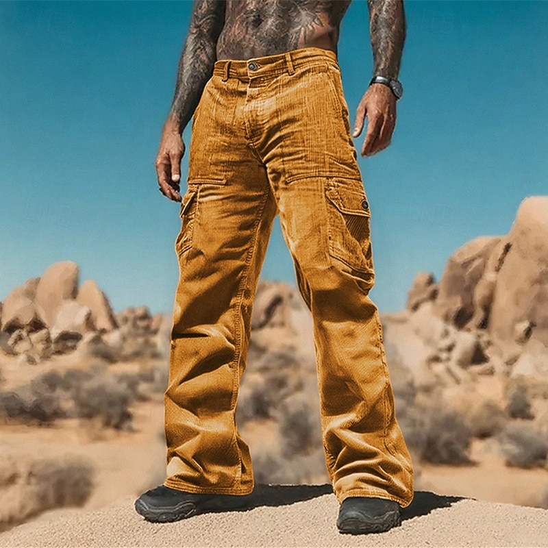 Men's Cargo Pants Corduroy Pants Trousers Buttons Multi Pocket Plain Wearable Outdoor Daily Camping & Hiking Fashion Classic Black Brown