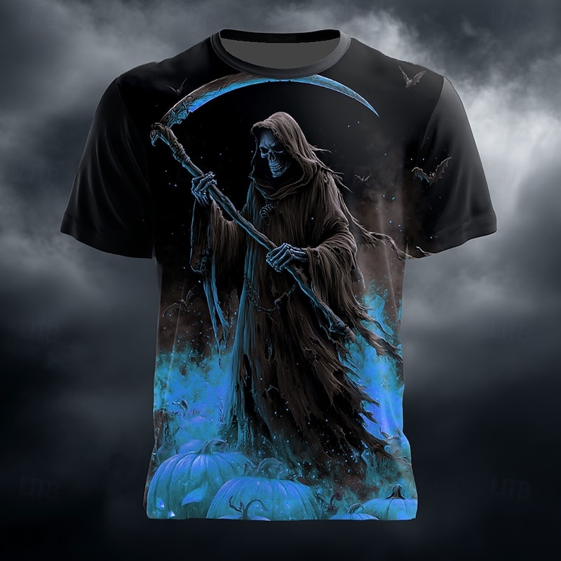 Halloween Men's Optical Illusion Grim Reaper Reaper T Shirt Short Sleeve T shirt 3D Print Crew Neck Shirt Exaggerated Designer Horror Party Street Holiday Blue Orange Summer Spring All Seasons2