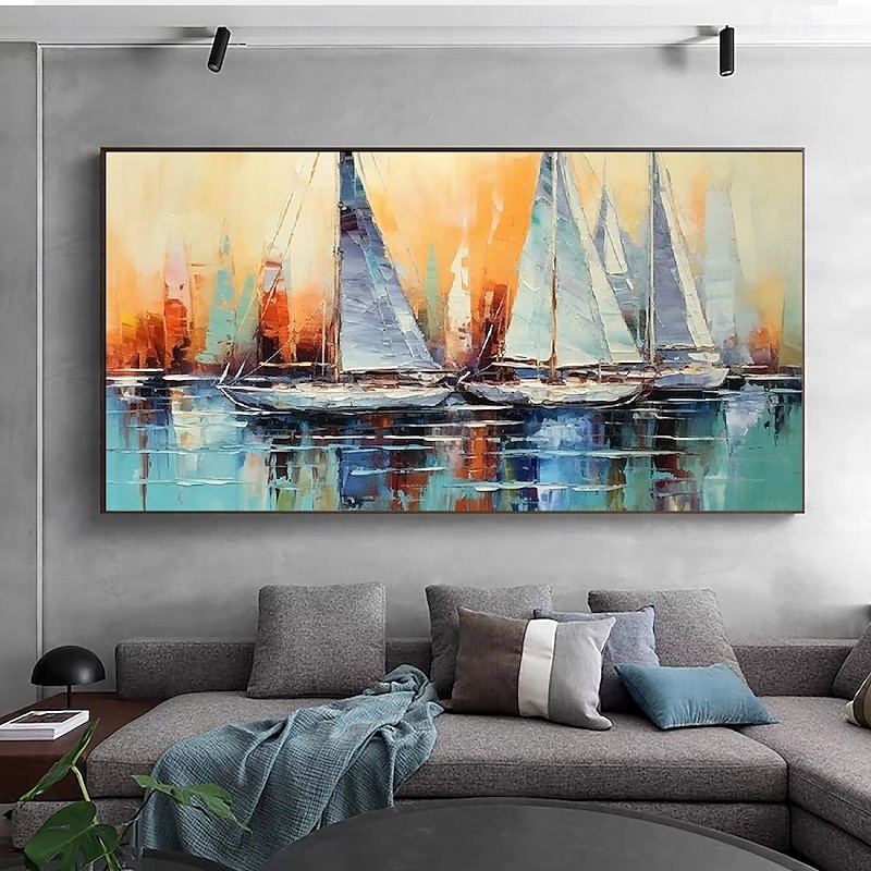Sailboat painting Handmade 3D Oil Painting Sailboat Marina Scene with Vibrant Color Palette and Impasto Brushwork for Unique Wall Art Home Decor Crafted with Precision and Artistic Vision3