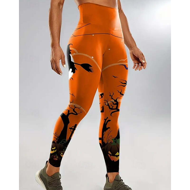 Women's Slacks Leggings Cozy Leggings Streetwear Casual Full Length NaturalPantsHalloween Pumpkin Elastic Waist Printing Comfortable Street Holiday Daily Wear Orange Fall Regular Fit2