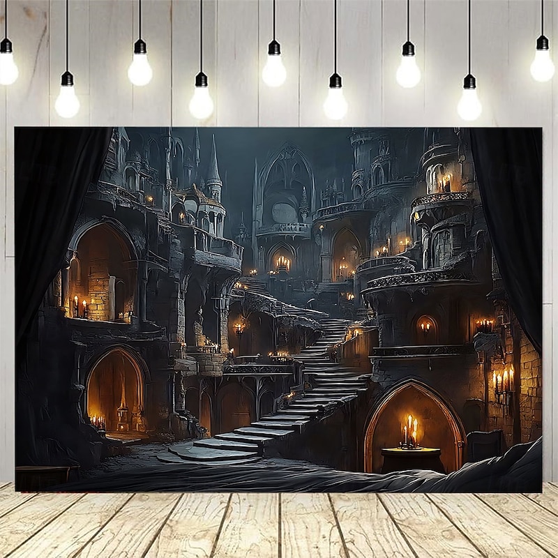 Halloween Backdrop Gothic Castle Staircase Tapestry, Dark Fantasy Medieval Architecture Wall Hanging with Candlelight, Haunted Mansion Decor for Halloween Party, Bedroom, Living Room,  2025 Halloween Large Polyester Fabric Wall Art