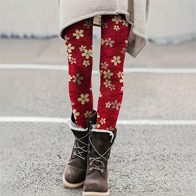 Women's Pants Trousers Leggings Cozy Leggings Streetwear Casual Full Length High Waist Floral Elastic Waist Print Breathability Comfortable Stretchy Vacation Street Daily Wear Red Summer Spring Fall