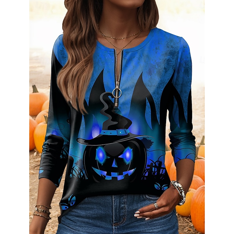Halloween Women's T shirt Pumpkin Graphic Vintage Stylish Casual Long Sleeve Round Neck Regular Tops Daily Weekend Zipper Print Red Blue Purple Green Fall Winter4
