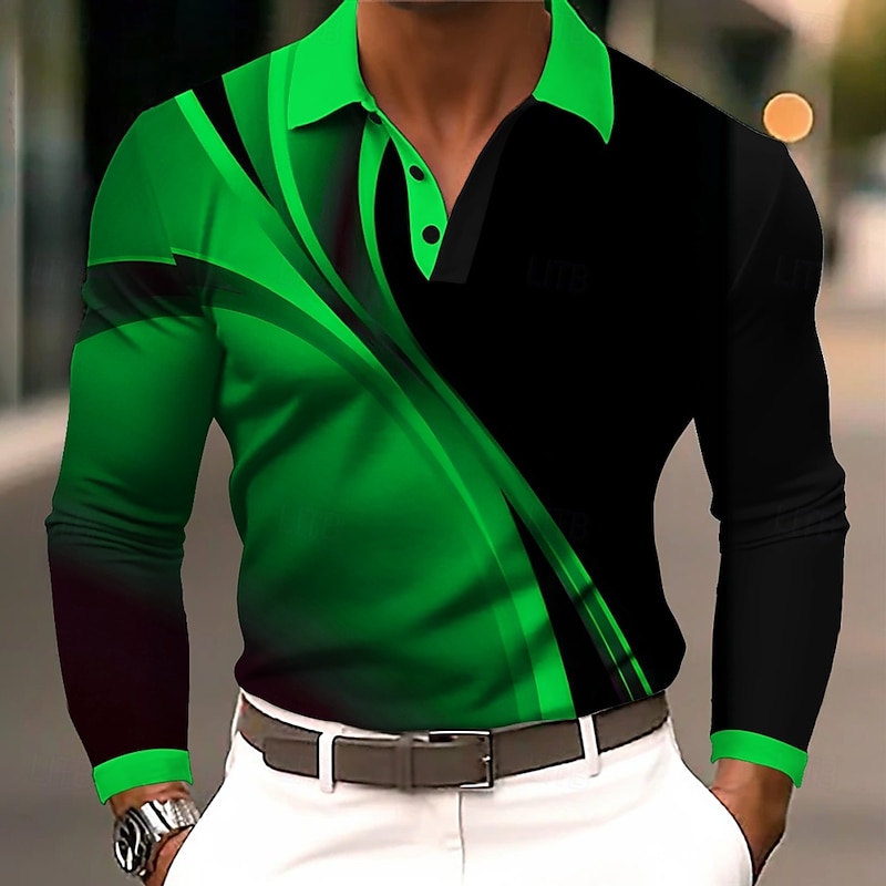 Men's Geometic Line Polo Long Sleeve Polo Shirts Lapel Business Casual Athleisure Daily Wear 3D Print Buttons Spring Fall Winter Blue Purple Orange4