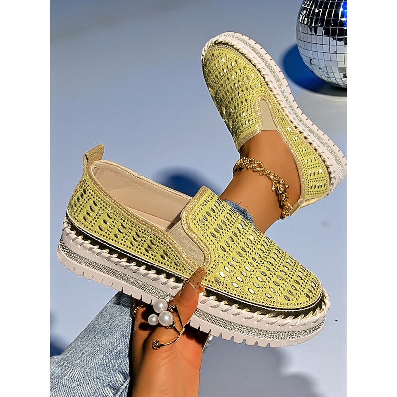 Women's Yellow Slip-On Sneakers with Rhinestone Detailing - Stylish Casual Shoes with Platform Sole, Perfect for Nightlife Parties and Special Occasions3