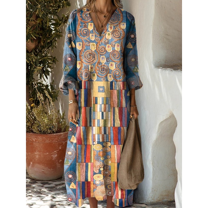 Women's Maxi Dress Sundress A Line Dress Vacation Casual Boho Party Holiday Beach Loose Fit Graphic Geometric Abstract Long Sleeve V Neck Dark Brown Dark Red Red Light Brown Spring Fall3