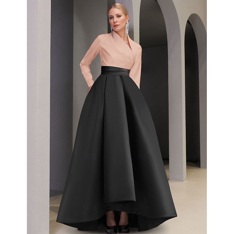 Black Tie A-Line Evening Gown Elegant Dress Formal Wedding Guest Asymmetrical Long Sleeve V Neck Pocket Satin with Pocket4