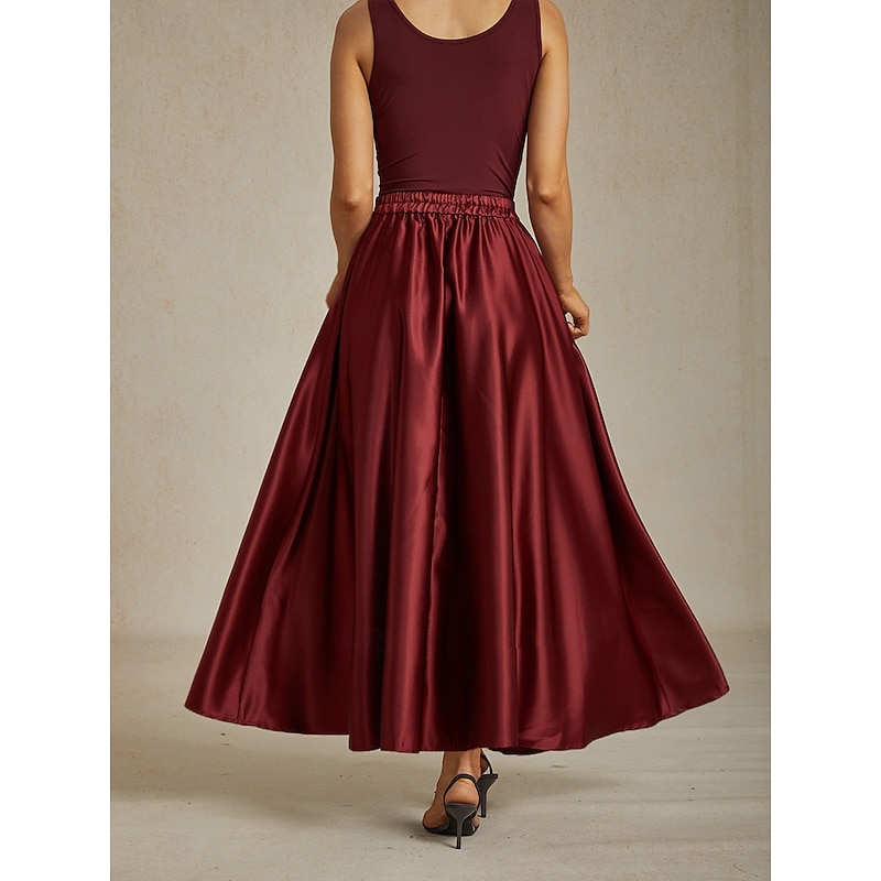 Women's Skirt Elegant Vintage Fashion Maxi Mid Waist Skirts Ruched Pleated Pocket Micro-elastic New Year Party Evening Wear Wine Red Spring 100% Polyester2