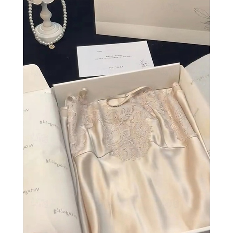 Women's Pajamas Nightgown Fashion Sweet Pure Color Lace Patchwork Vacation Home Bed Sleeveless Straps Beige Summer4