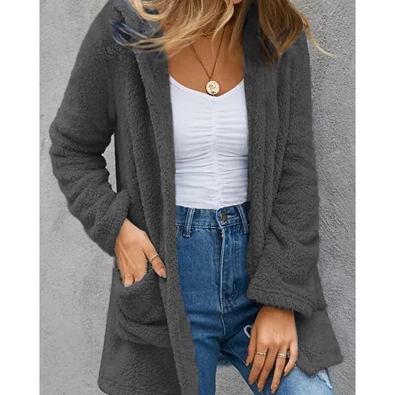 Women's Winter Coat Hoodie Jacket Warm Comfortable Pocket Casual Plain Daily Wear Going out Casual Daily Weekend Open Front Long Hooded Regular Fit Long Sleeve Outerwear Navy Red Green Fall Winter3