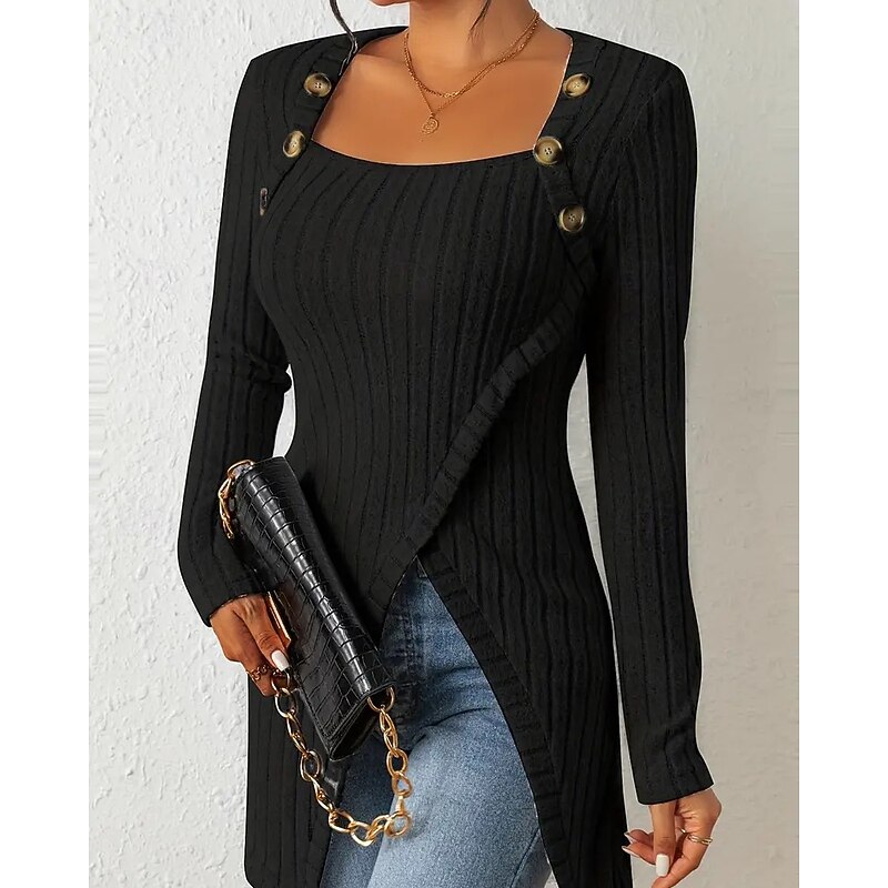 Women's T Shirt Tee Top Solid Color Elegant Fashion Long Sleeve Square Neck Regular Tops Daily Weekend Buttons Asymmetrical Black Brown Rose Pink Gray Spring Fall