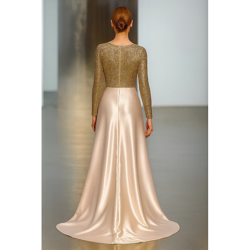 Black Tie Gold A-Line Evening Gown Elegant Dress Formal Wedding Sweep / Brush Train Long Sleeve Crew Neck Stretch Satin with Slit 20252