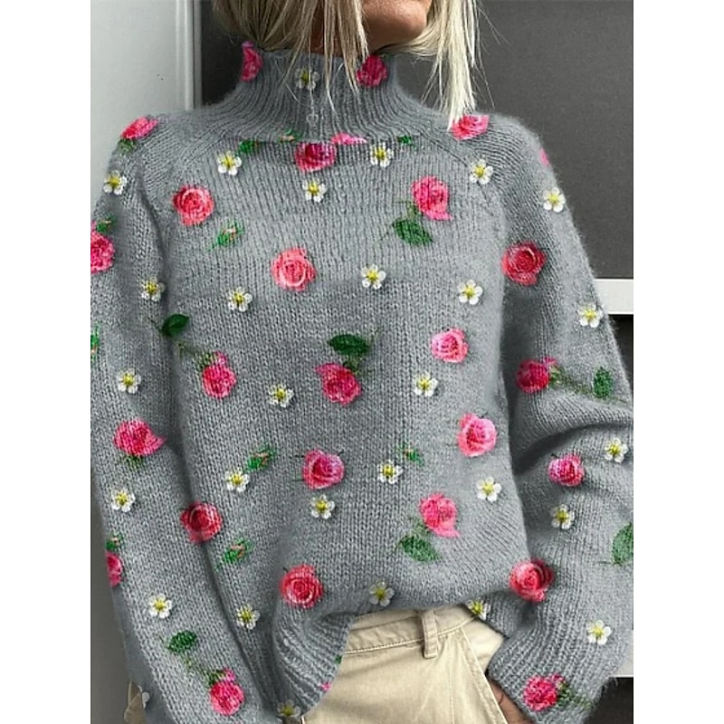 Women's Pullover Vacation Daily Graphic Tree Christmas Bell Ribbed Turtleneck Print Long Sleeve Regular Tops Knit Outdoor Daily Holiday Royal Blue Blue Fall Winter4