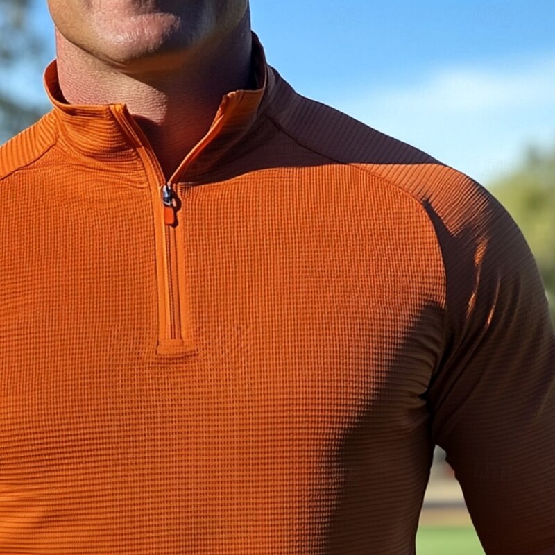 Men's Waffle Polo Shirts Quarter Zip Polo Outdoor Causal Quarter Zip Long Sleeve Fashion Modern Solid Color Textured Knitted Spring &  Fall All Seasons Regular Fit Orange Waffle Polo Shirts3