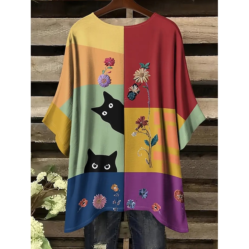 Women's Blouse Graphic Animal Cat Vintage Daily Casual Half Sleeve Batwing Sleeve Crew Neck Long Tops Daily Holiday Beach Wear Asymmetric Yellow Red Blue Camel Gray Summer Spring4