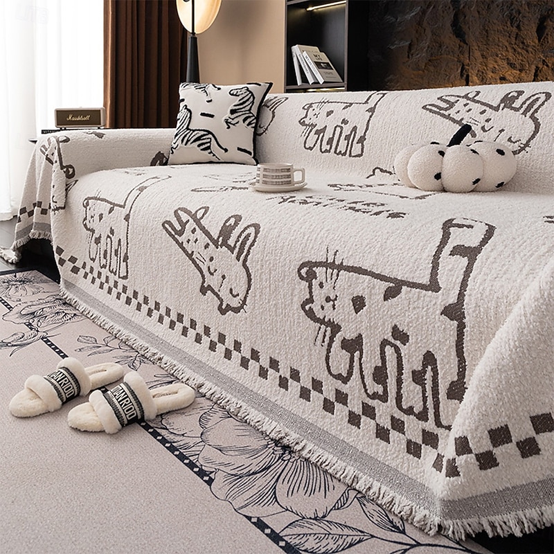 Cream Plush Couch Cover for Pets, Pet Friendly Short Velvet Sofa Cushion and Throw Blanket, All-Season Non-Slip Sofa Protector, New Style Sofa Slipcover for Living Room4