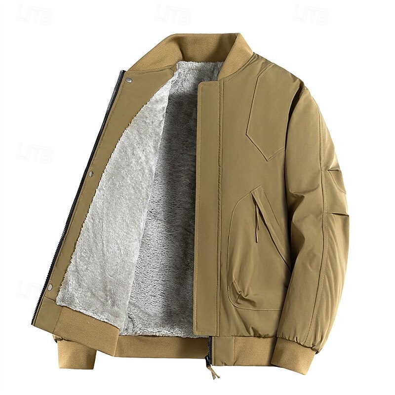 Men's Jacket Casual Jacket Outdoor Vacation Warm Zipper Pocket Fall Winter Plain Fashion Streetwear Standing Collar Regular Black Brown Army Green Jacket