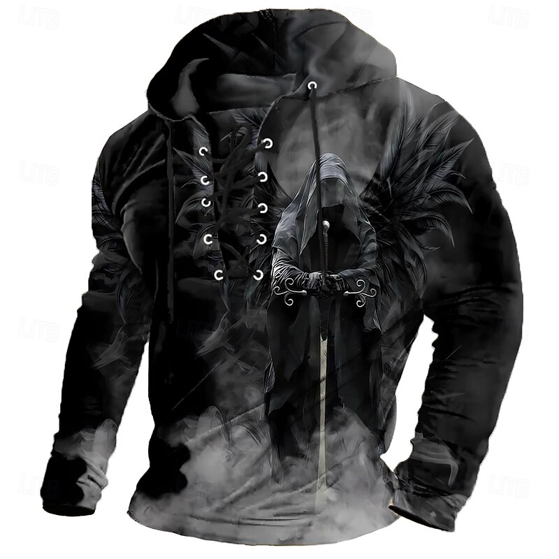 Halloween Men's Grim Reaper 3D Print Reaper Sweatshirt Punk Exaggerated Long Sleeve Crew Neck Club Streetwear Lake blue Black Drawstring Fall Winter Designer