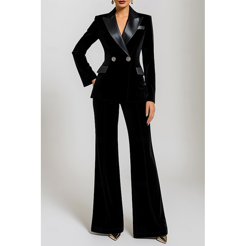 Women's 2 Pieces Suits Formal Wedding Guest Velvet Elegant Vintage Simple Long Sleeve Floor Length Peak Lapel Double Breasted
