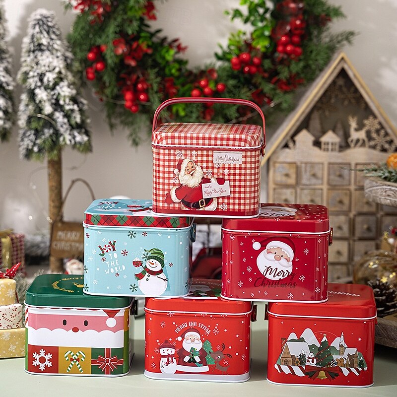 Christmas Cookie Tins with Lids for Gift Giving Xmas Tin Containers Metal Box with Handle Holiday Candy Biscuit Storage Jar Gift Packaging Box Festive Christmas Party Decoration Accessory