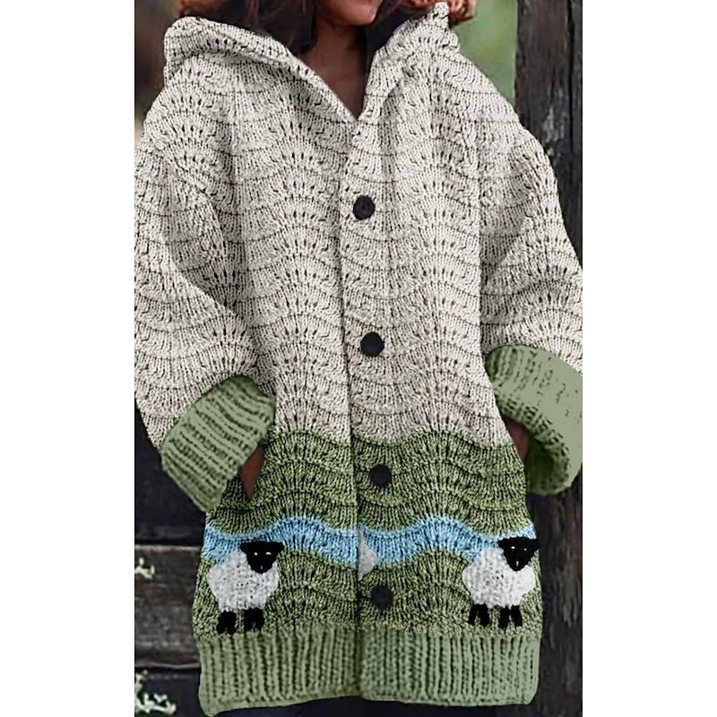 Women's Cardigan Vacation Daily Animal Ribbed Hooded Knitted Print Front Pocket Long Sleeve Regular Tops Knit Outdoor Daily Holiday Black Yellow Fall Winter4