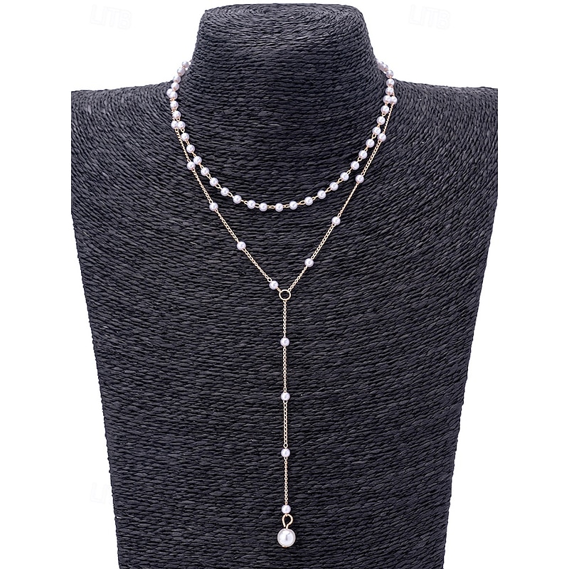 Women's Layered Pearl Pendant Necklace – Elegant Gold-Tone Alloy Chain with Imitation Pearl Accents for Formal Events, Weddings and Evening Parties
