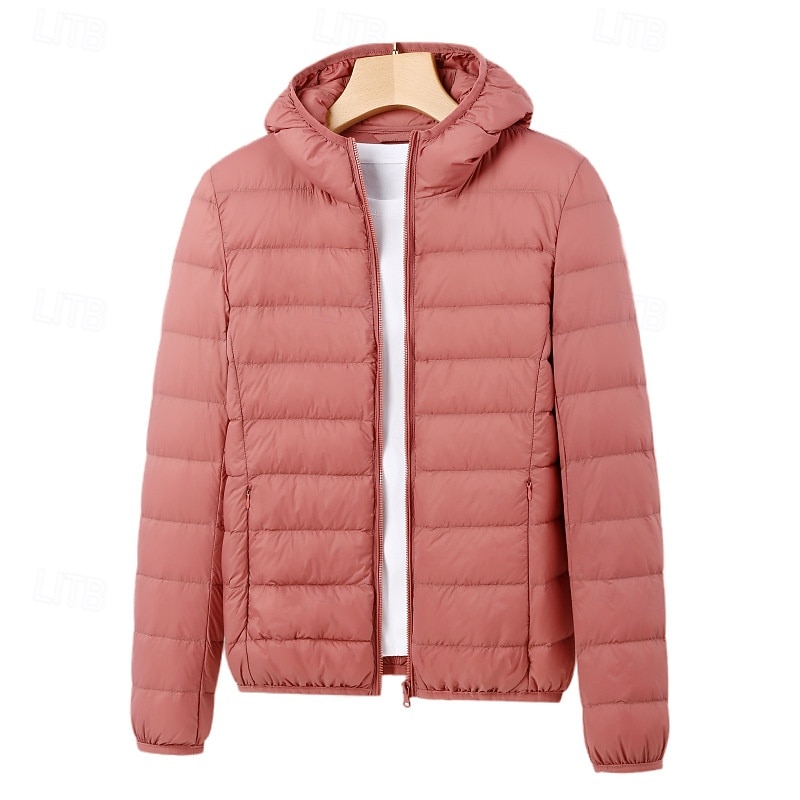Women's Down Jacket Puffer Jacket Warm Comfortable Zipper Pocket Fashion Modern Casual Plain Going out Weekend Zipper Regular Hoodie Regular Fit Long Sleeve Outerwear Light Pink Black White Winter