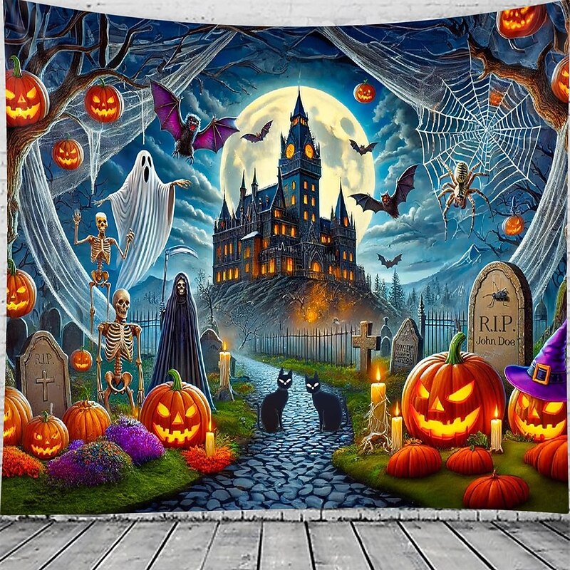 Halloween Haunted Castle Tapestry – Spooky Pumpkin Ghost Bat Graveyard Wall Art Backdrop, Gothic Horror Large Hanging Mural Blanket Curtain for Bedroom Living Room Home Decoration2