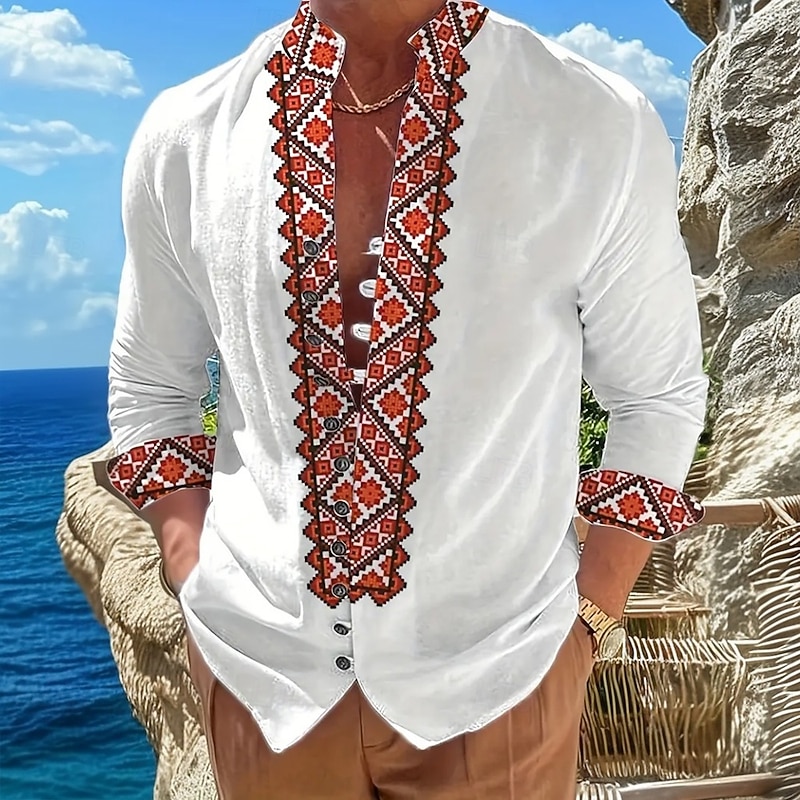 Men's Geometric Ethnic Indian Culture Shirt Stand Collar Shirt Long Sleeve Vintage Retro Vacation Daily Wear Going out Spring Fall Mandarin Collar Band Collar Button-Down Linen Like Shirt White 14