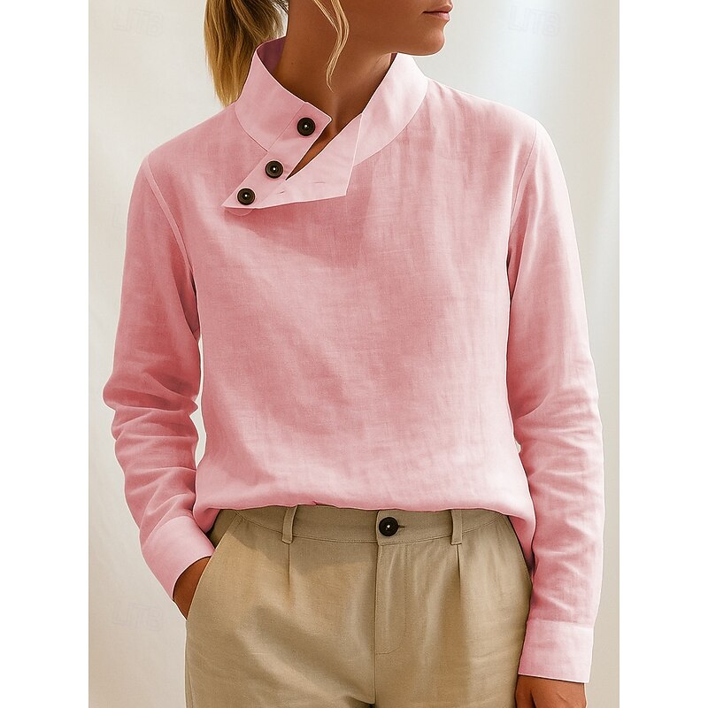 Women's Blouse Solid Color Vintage Stylish Classic Long Sleeve High Neck Regular Tops Daily Buttons White Yellow Pink Blue Spring Fall Winter3