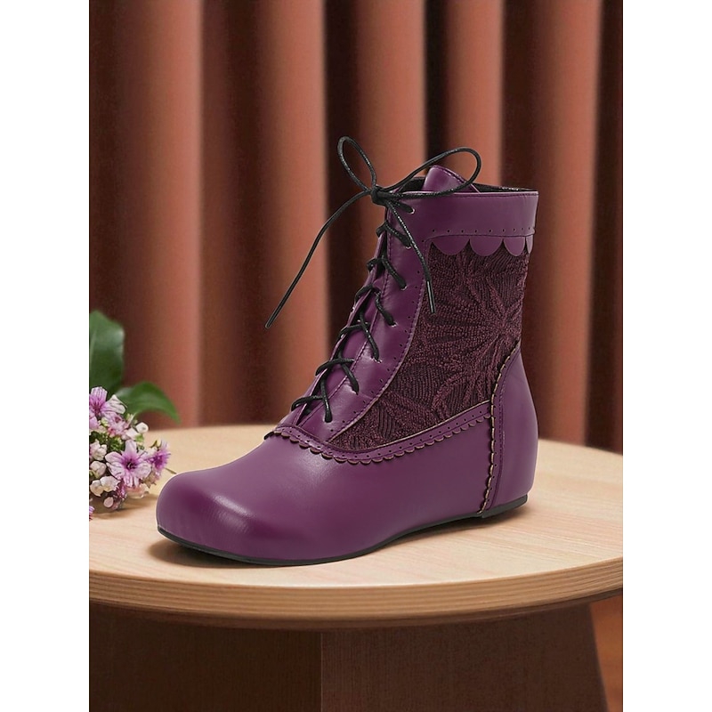 Women's Purple Lace-Up Ankle Boots with Embroidered Panels - 1900s Edwardian Victorian Style Flat Booties for Cosplay, Fall Festivals and Vintage-Inspired Outfits