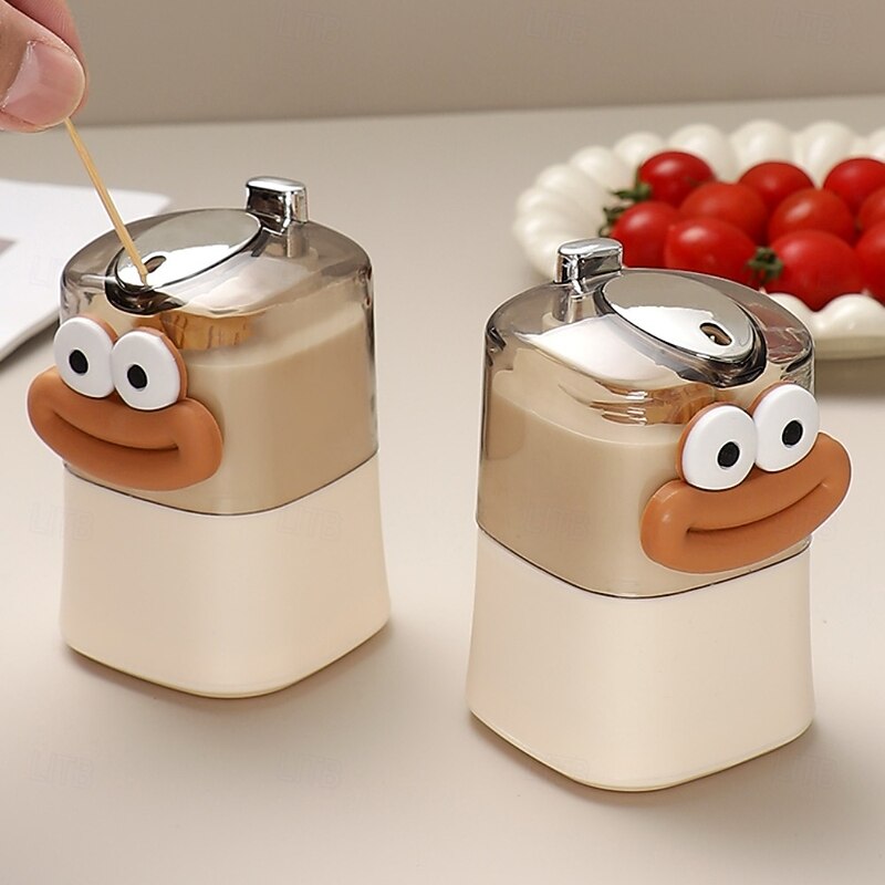 Automatic Pop-Up Toothpick Dispenser, Creative Push-Button Design with Cute Cartoon Stickers, Ideal for Home Kitchen and Dining Table Use4
