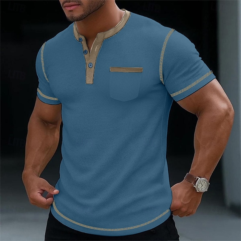 Men's Waffle Henley Shirt Tee Short Sleeve Henley Summer All Seasons Solid Color Plain Fashion Designer Casual Color Block Buttons Outdoor Casual Daily Black White Blue Top Tee for Men2
