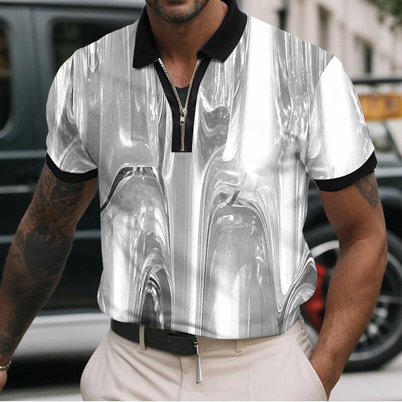Men's Abstract Metallic Zip Polo Shirts Short Sleeve Polo Shirts Collared Shirts Casual Athleisure Daily Wear 3D Print Summer Red Blue Purple