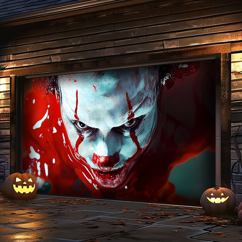 Halloween Garage Door Cover Large Hanging Backdrop Clown 3D Dark Punk Gothic Style Party Outdoor Shooting Backgrounds Yard Haunted House Home Decor2