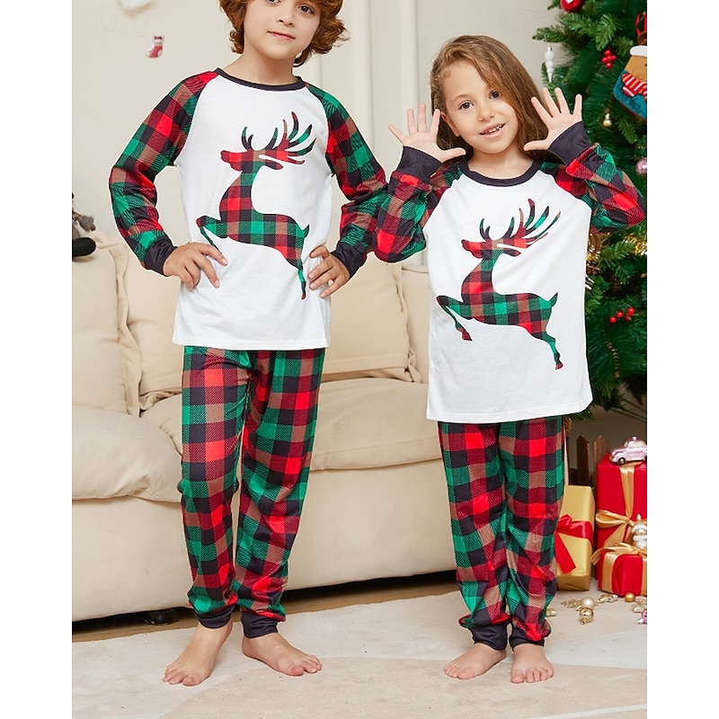 Family Pajamas Plaid Christmas Pattern Home Patchwork White Long Sleeve Active Matching Outfits3